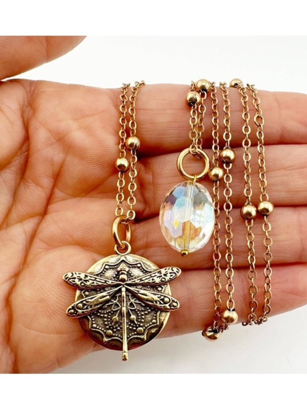 RARE NWT Katia Designs "All Is Well" Antique Gold Dragonfly Necklace Crystyal